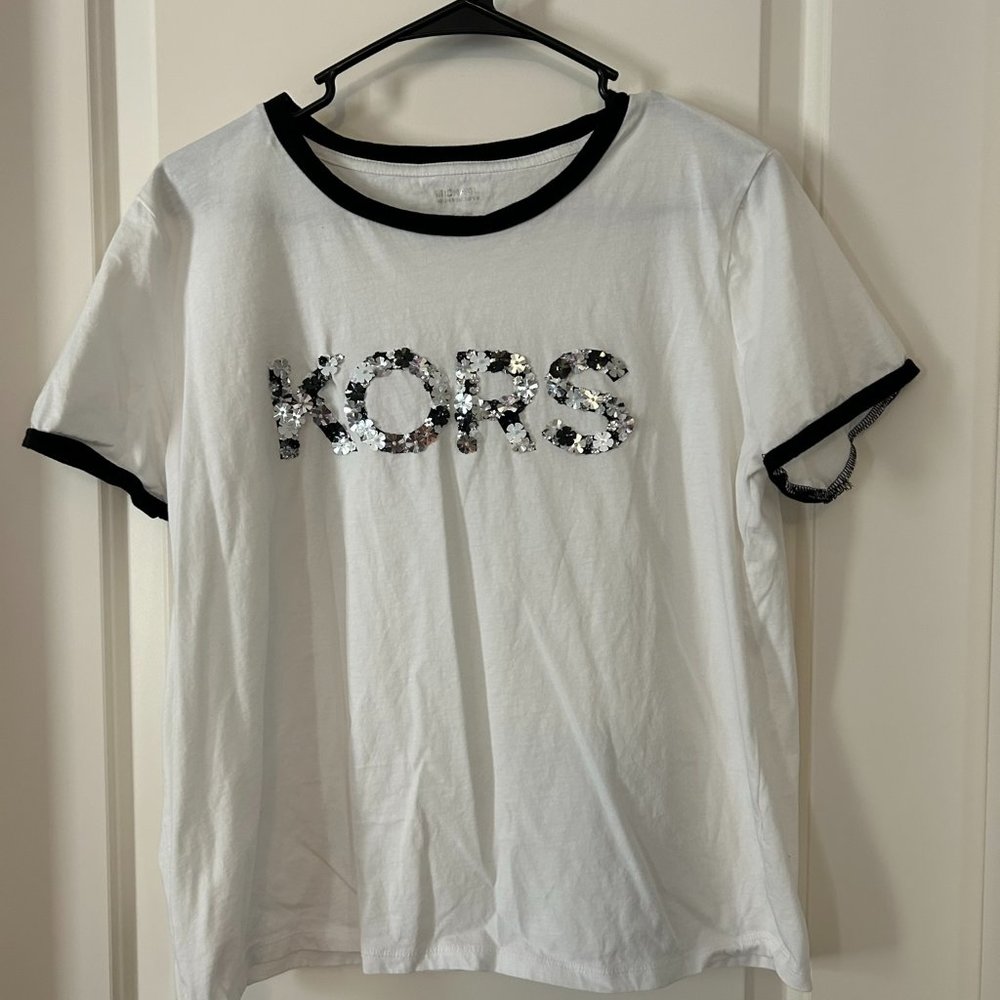 Michael Kors Floral Embellished Ringer White Shirt XL